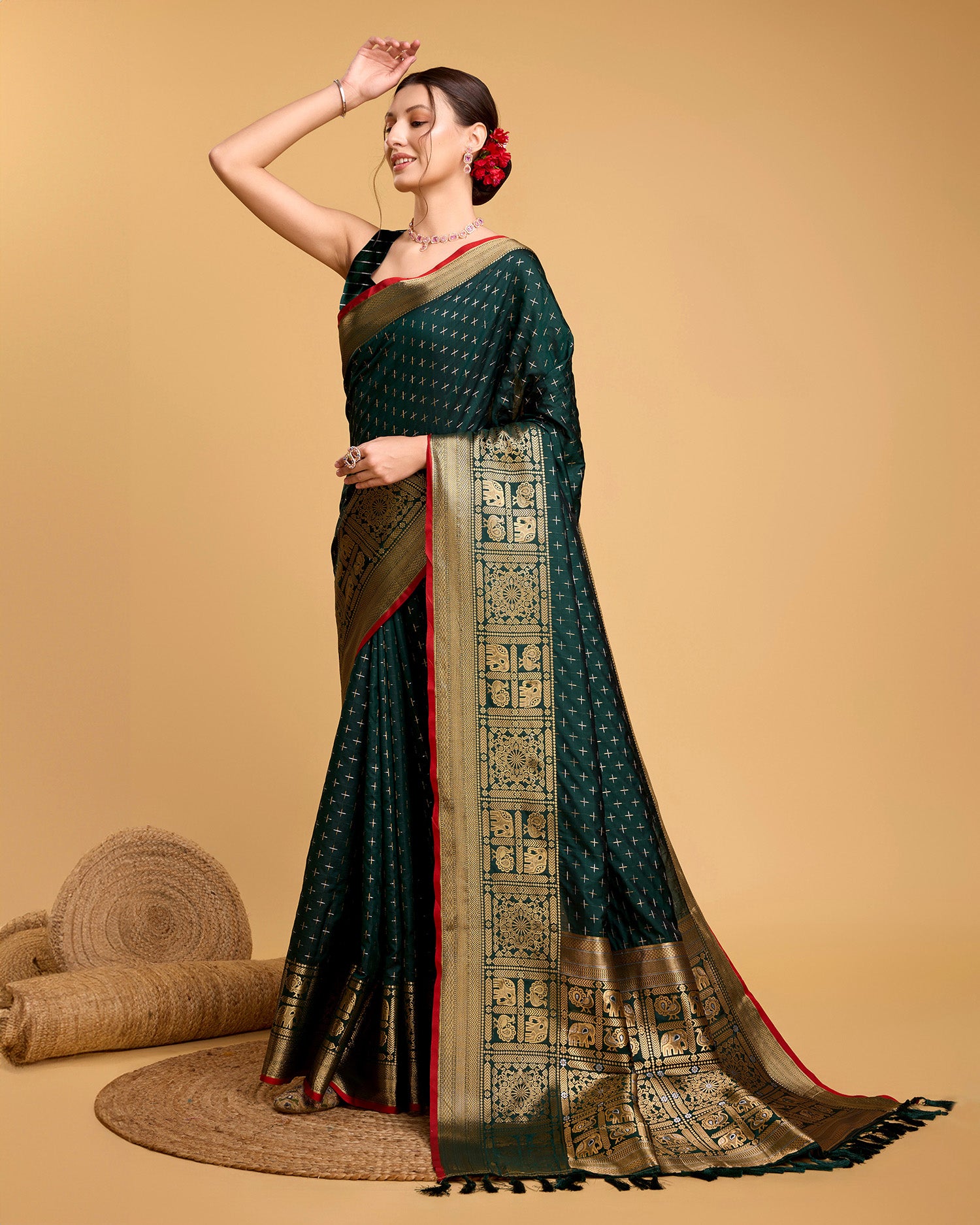 Vedant Vastram Soft Litchi Silk Banarasi Silk Saree - Green - Distacart