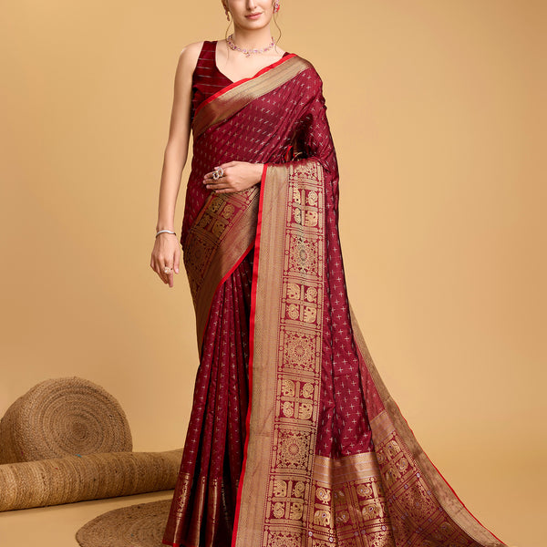 Vedant Vastram Soft Litchi Silk Banarasi Silk Saree - Maroon - Distacart