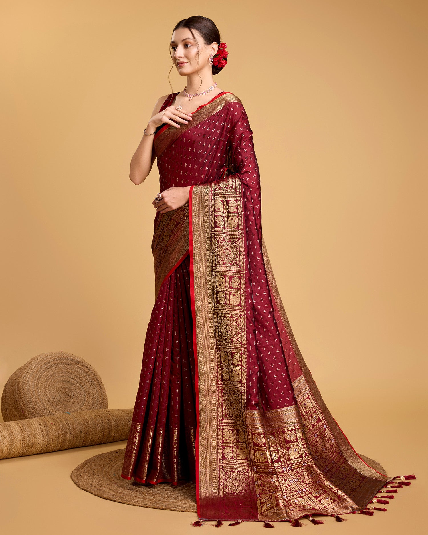 Vedant Vastram Soft Litchi Silk Banarasi Silk Saree - Maroon - Distacart