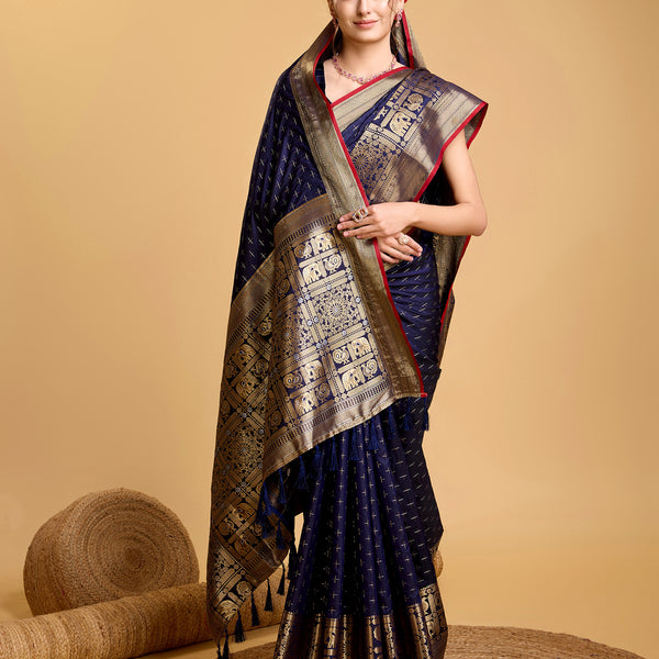 Vedant Vastram Soft Litchi Silk Banarasi Silk Saree - Navy - Distacart