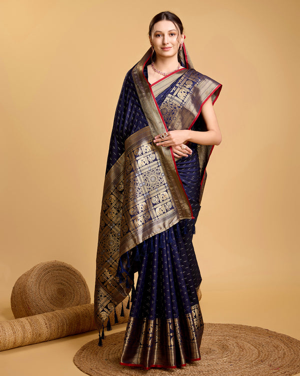 Vedant Vastram Soft Litchi Silk Banarasi Silk Saree - Navy - Distacart