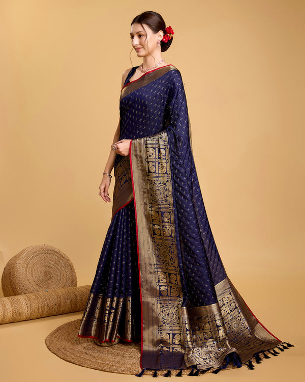 Vedant Vastram Soft Litchi Silk Banarasi Silk Saree - Navy - Distacart