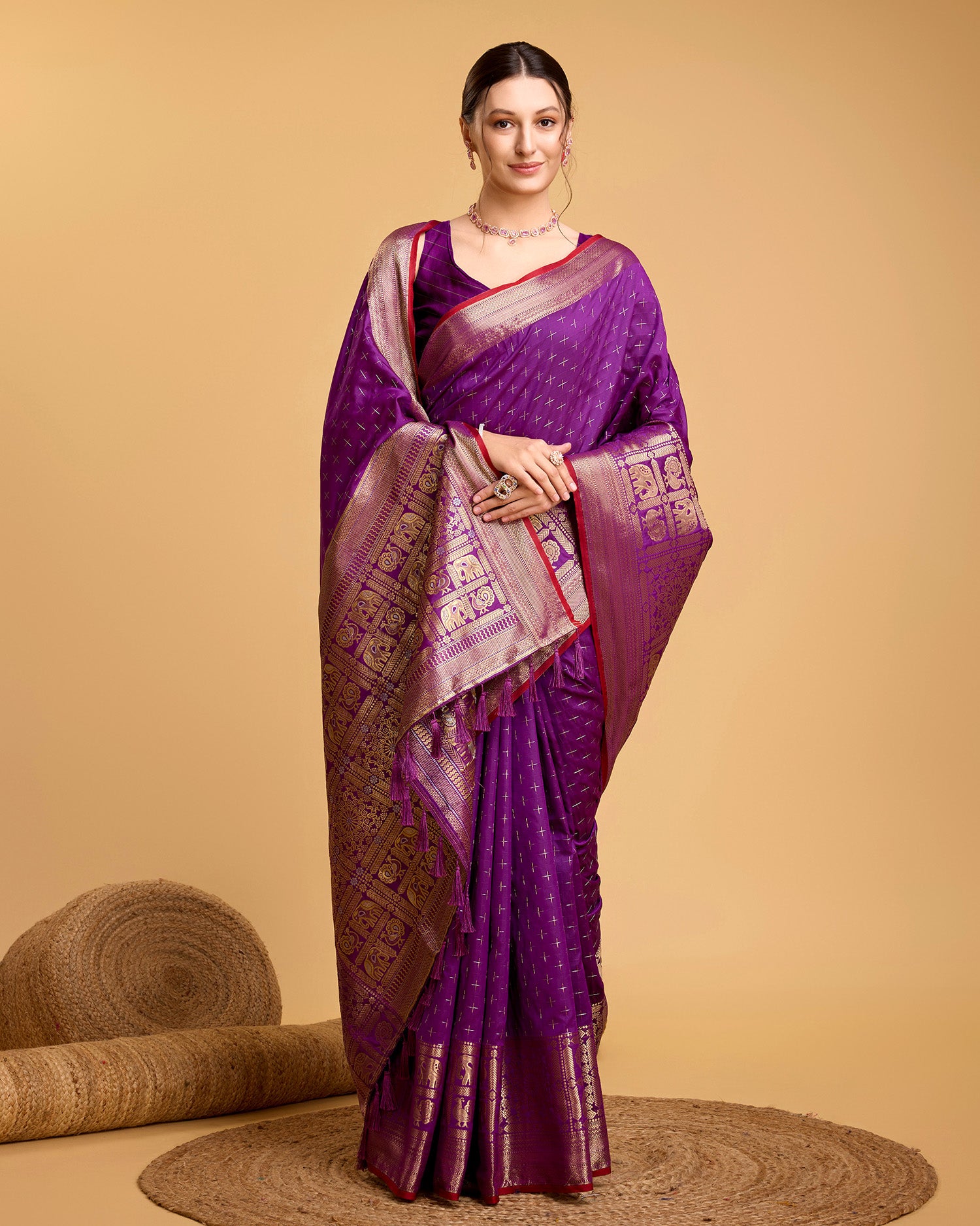 Vedant Vastram Soft Litchi Silk Banarasi Silk Saree - Purple - Distacart