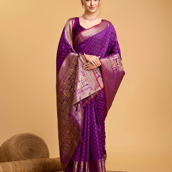 Vedant Vastram Soft Litchi Silk Banarasi Silk Saree - Purple - Distacart