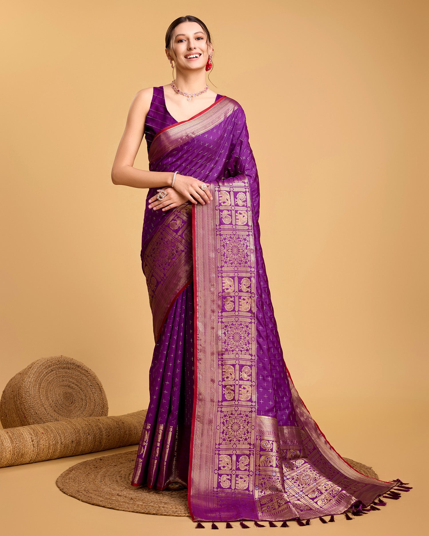 Vedant Vastram Soft Litchi Silk Banarasi Silk Saree - Purple - Distacart