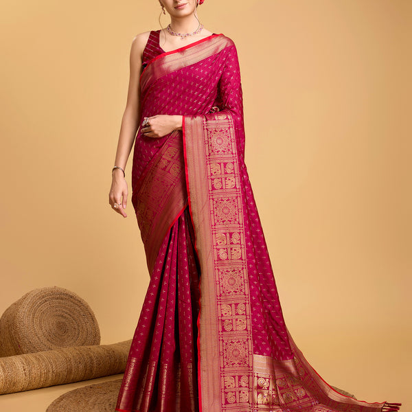 Vedant Vastram Soft Litchi Silk Banarasi Silk Saree - Rani - Distacart