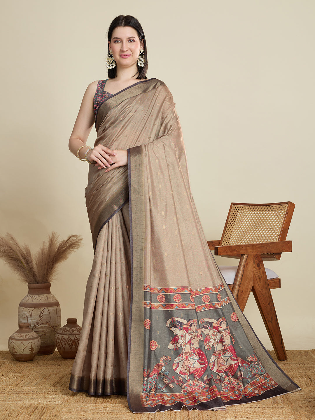 Vedant Vastram Cotton Silk Fancy Jacquard Bollywood Saree - Beige - Dista