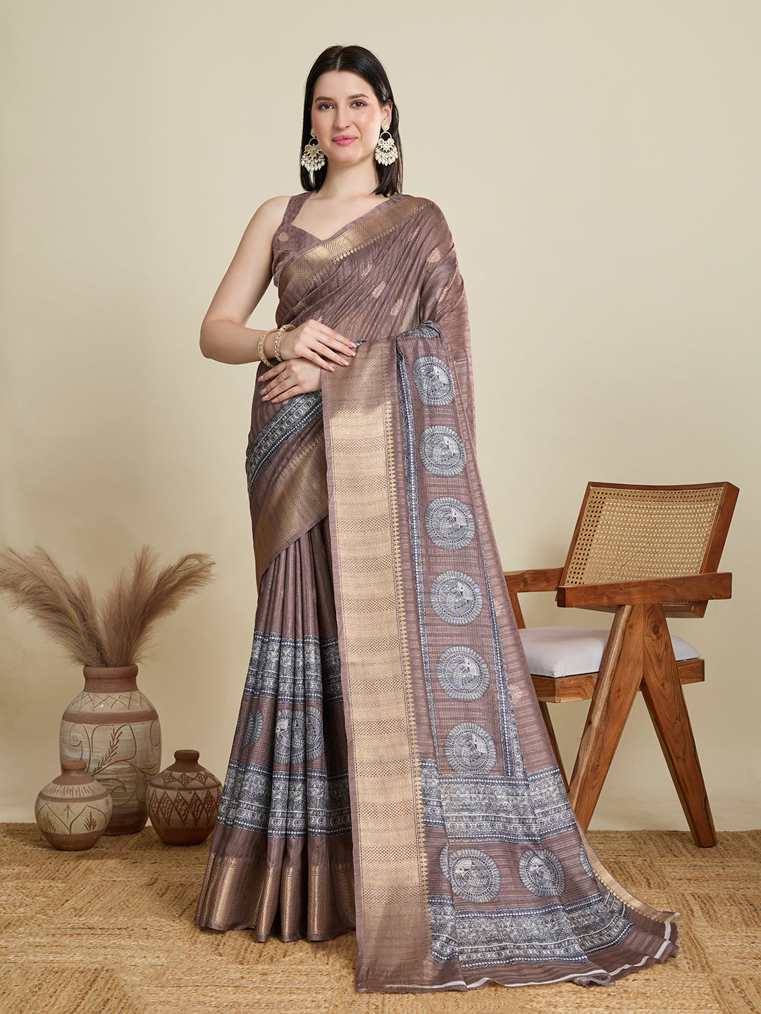 Vedant Vastram Cotton Silk Fancy Jacquard Bollywood Saree - Brown - Dista