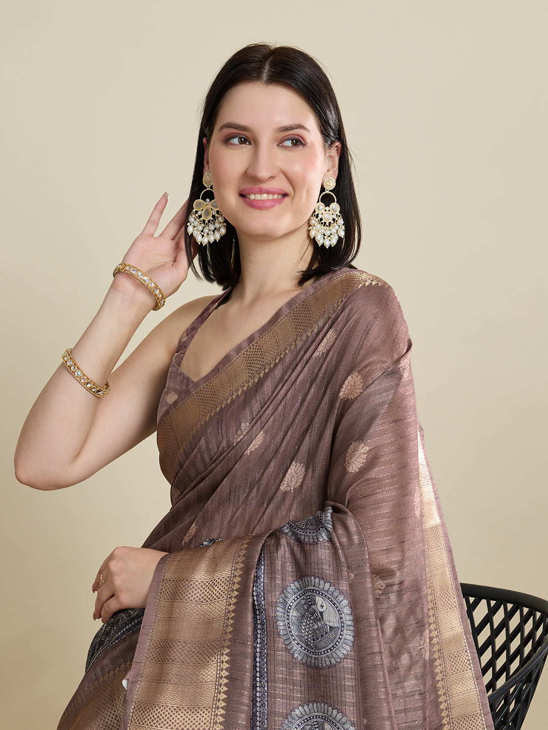 Vedant Vastram Cotton Silk Fancy Jacquard Bollywood Saree - Brown - Dista