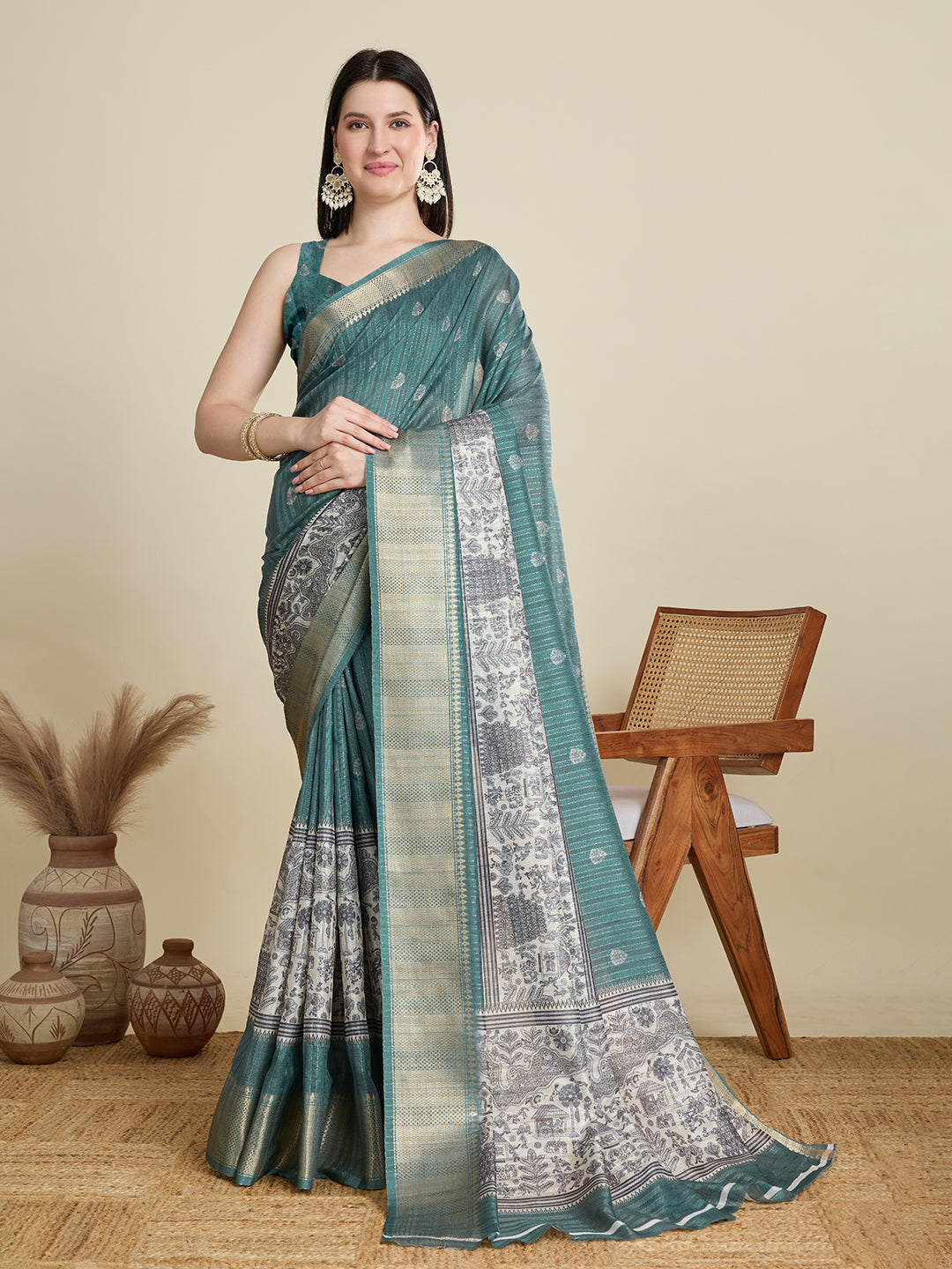 Vedant Vastram Cotton Silk Fancy Jacquard Bollywood Saree - Green - Dista