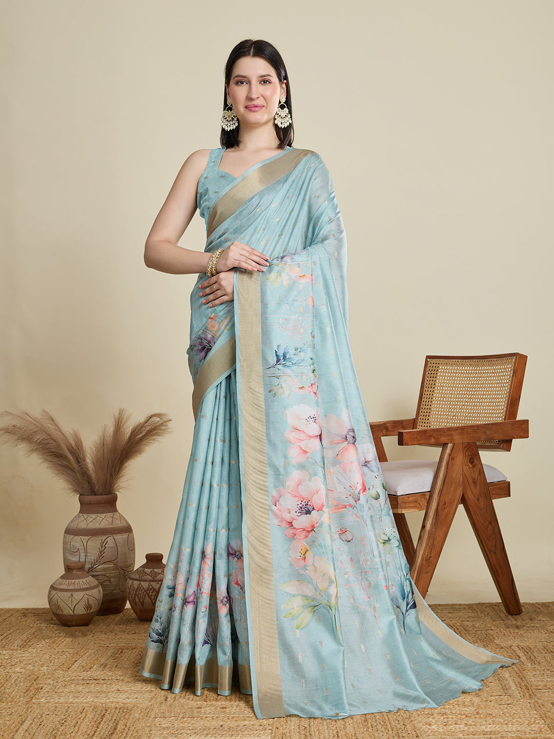 Vedant Vastram Cotton Silk Fancy Jacquard Bollywood Saree - Skyblue - Dista