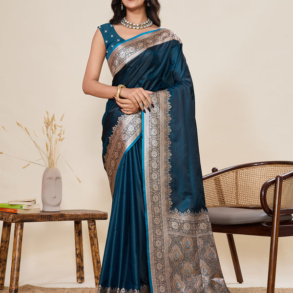 Vedant Vastram Soft Litchi Silk Banarasi Silk Jacquard Saree - Rama - Dista