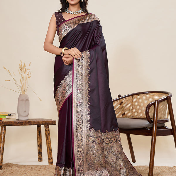 Vedant Vastram Soft Litchi Silk Banarasi Silk Jacquard Saree - Wine - Dista