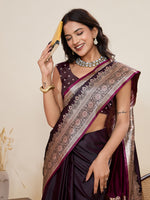 Thumbnail for Vedant Vastram Soft Litchi Silk Banarasi Silk Jacquard Saree - Wine - Dista