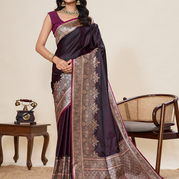 Vedant Vastram Soft Litchi Silk Banarasi Silk Jacquard Saree - Wine - Dista