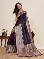 Thumbnail for Vedant Vastram Soft Litchi Silk Banarasi Silk Jacquard Saree - Wine - Dista