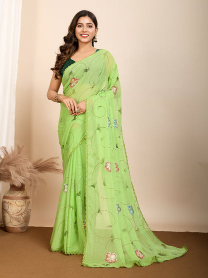 Vedant Vastram Georgette Printed Fancy Saree - Parrot - Distacart