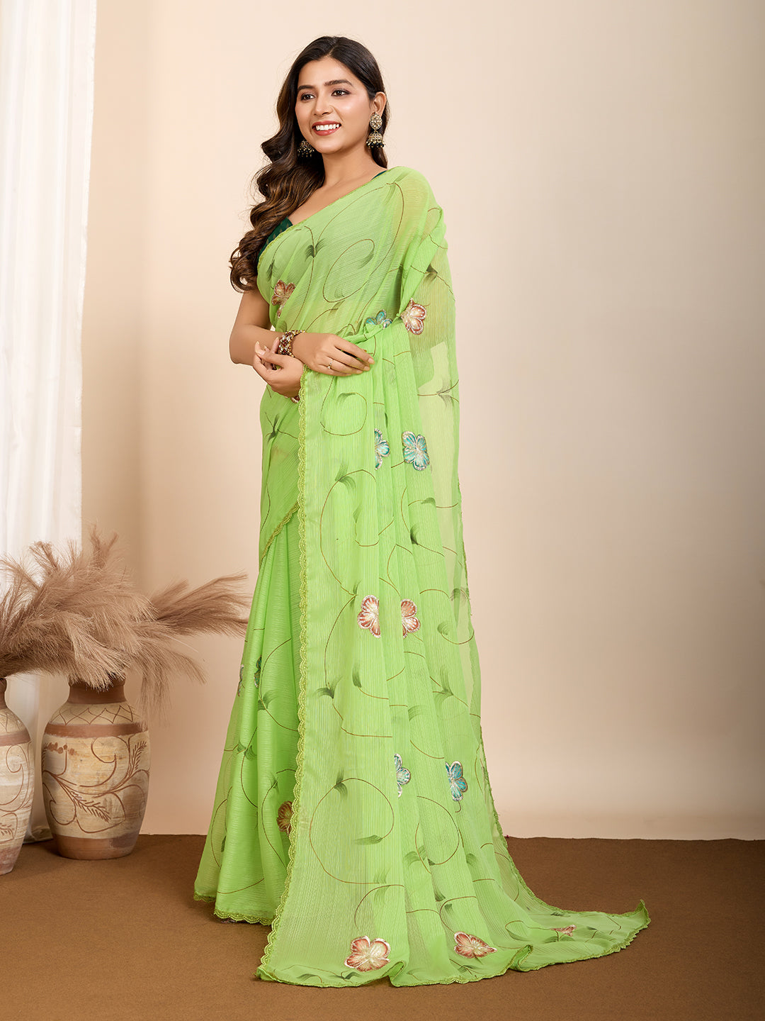 Vedant Vastram Georgette Printed Fancy Saree - Parrot - Distacart