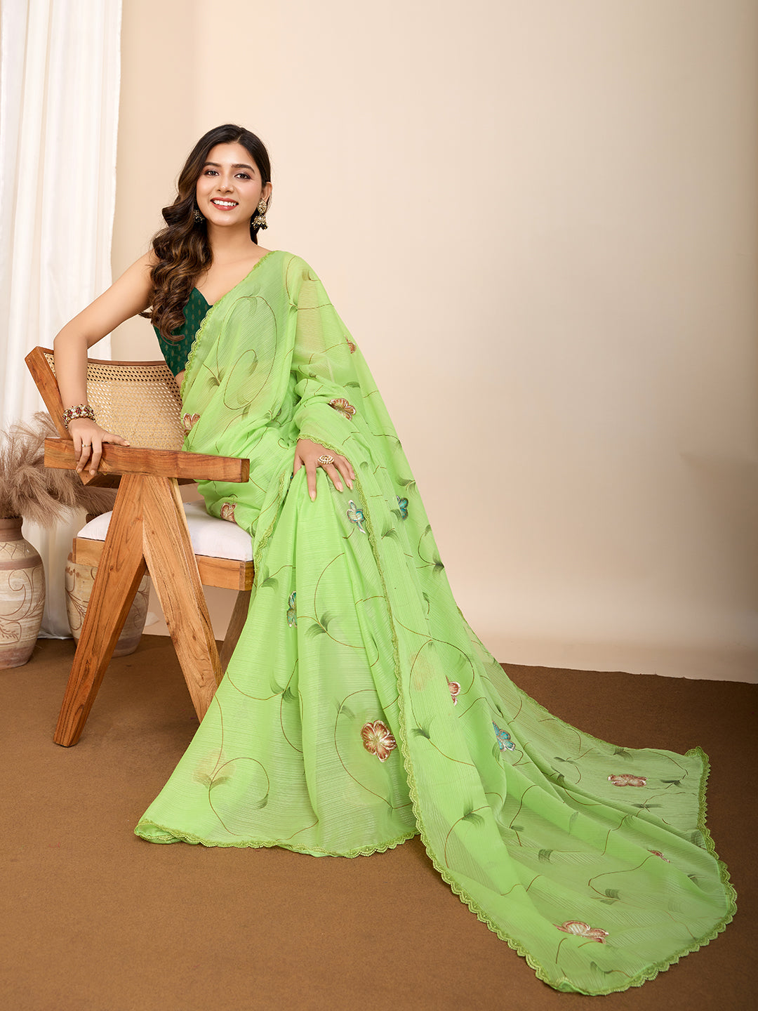 Vedant Vastram Georgette Printed Fancy Saree - Parrot - Distacart