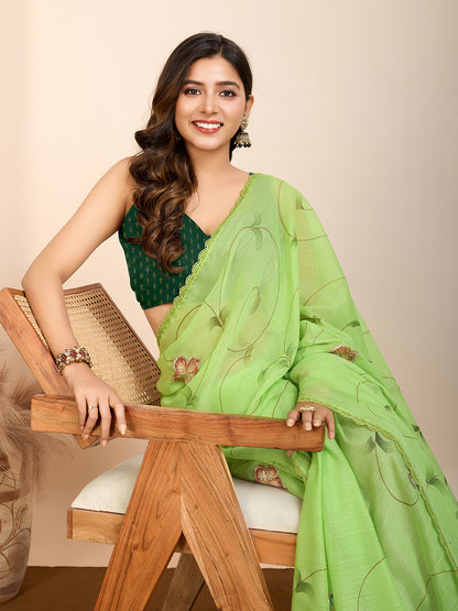 Vedant Vastram Georgette Printed Fancy Saree - Parrot - Distacart