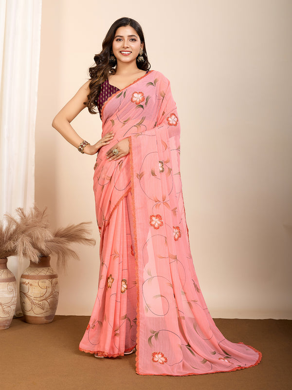 Vedant Vastram Georgette Printed Fancy Saree - Peach - Distacart