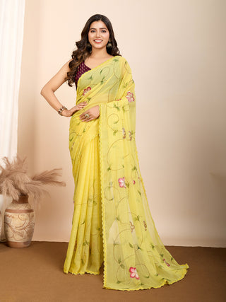 Vedant Vastram Georgette Printed Fancy Saree - Yellow - Distacart