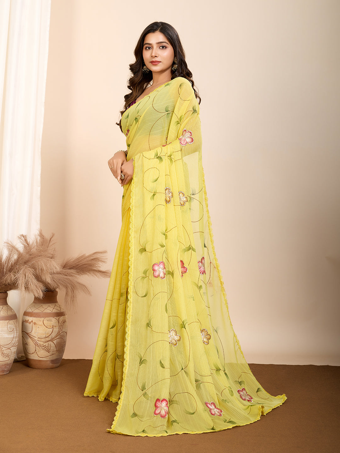 Vedant Vastram Georgette Printed Fancy Saree - Yellow - Distacart