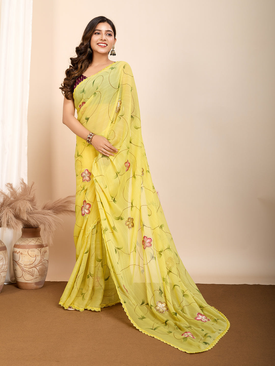 Vedant Vastram Georgette Printed Fancy Saree - Yellow - Distacart