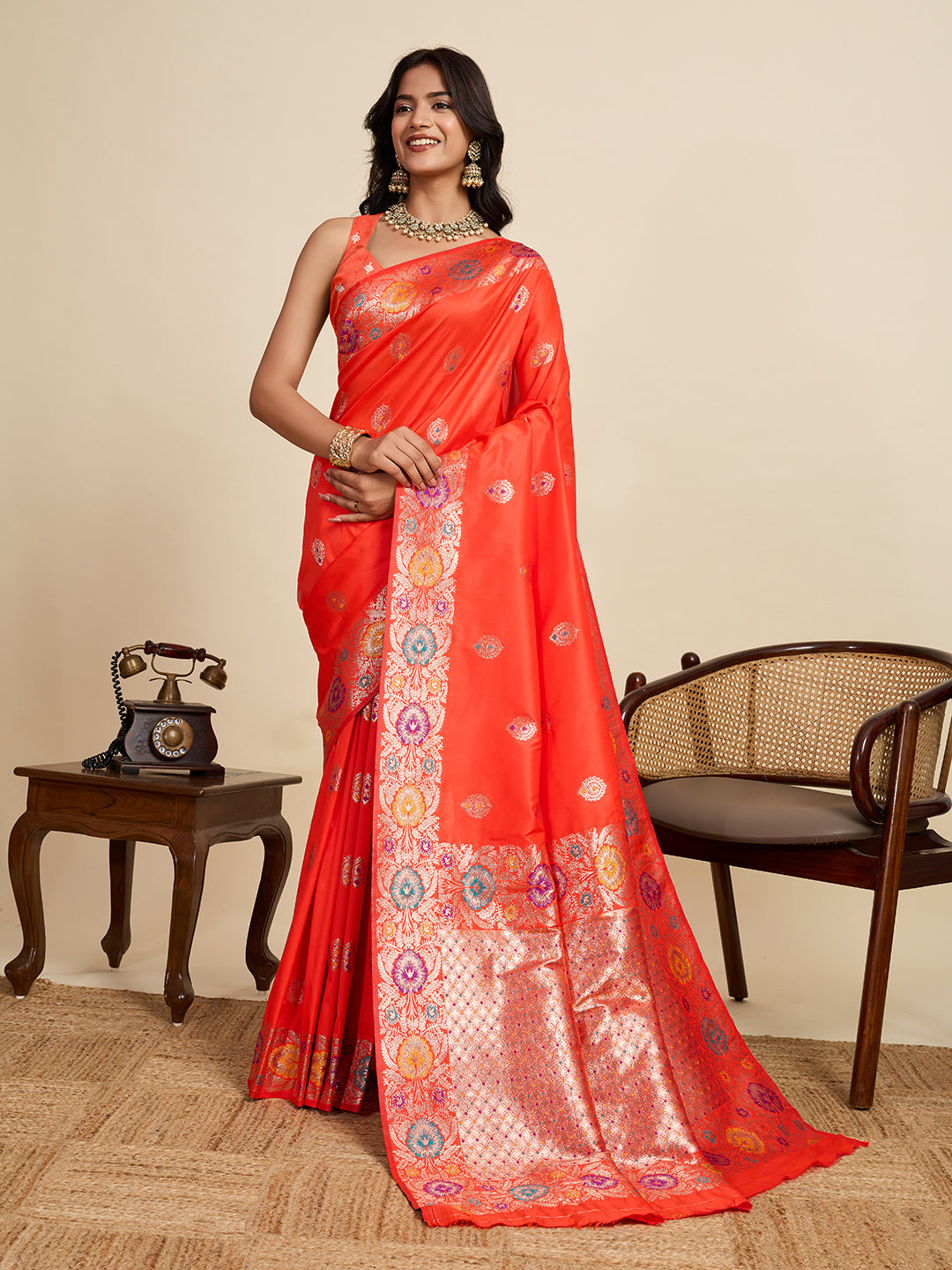 Vedant Vastram Soft Litchi Silk Banarasi Silk Jacquard Saree - Coral - Dista