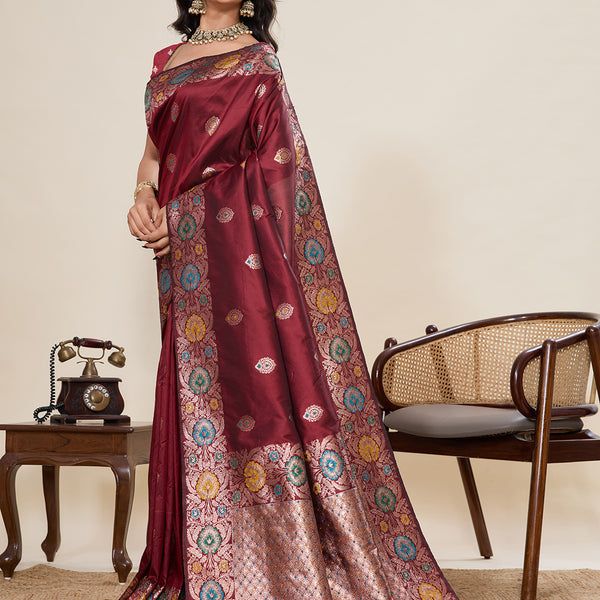 Vedant Vastram Soft Litchi Silk Banarasi Silk Jacquard Saree - Maroon - Dista