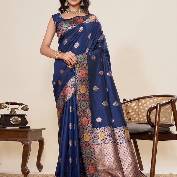 Vedant Vastram Soft Litchi Silk Banarasi Silk Jacquard Saree - Navy Blue - Distacart