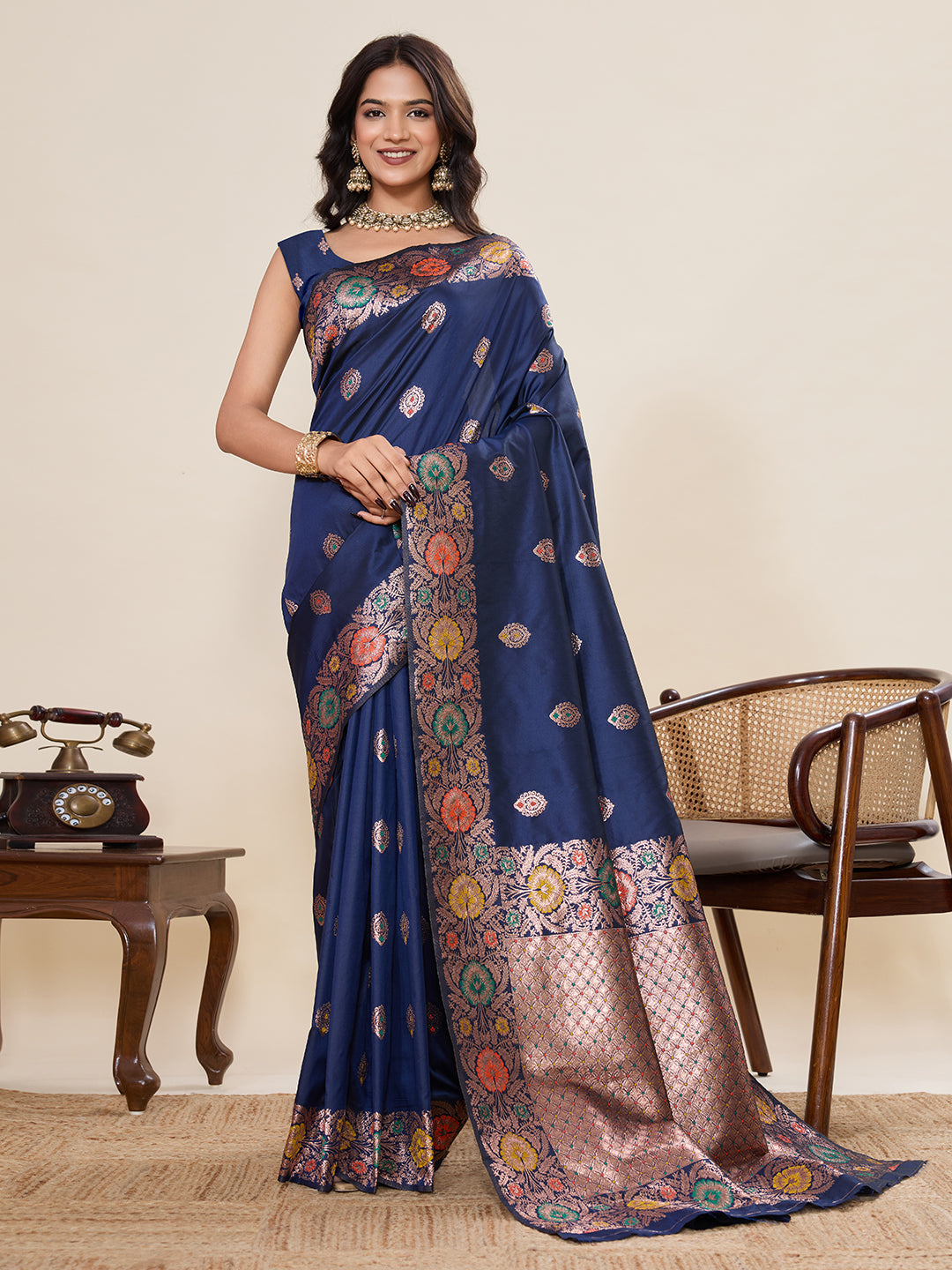 Vedant Vastram Soft Litchi Silk Banarasi Silk Jacquard Saree - Navy Blue