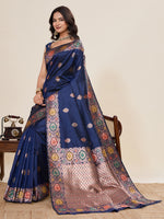 Thumbnail for Vedant Vastram Soft Litchi Silk Banarasi Silk Jacquard Saree - Navy Blue - Distacart