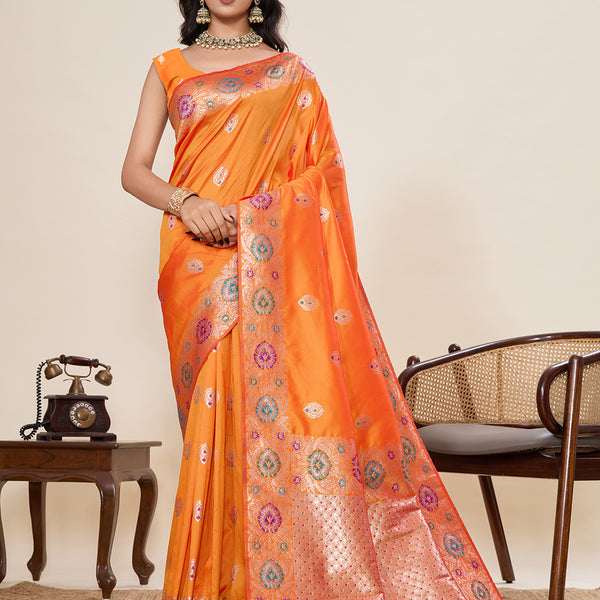 Vedant Vastram Soft Litchi Silk Banarasi Silk Jacquard Saree - Orange - Dista