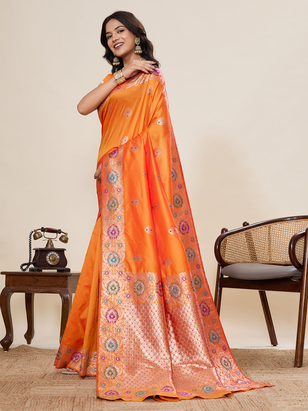 Vedant Vastram Soft Litchi Silk Banarasi Silk Jacquard Saree - Orange - Dista
