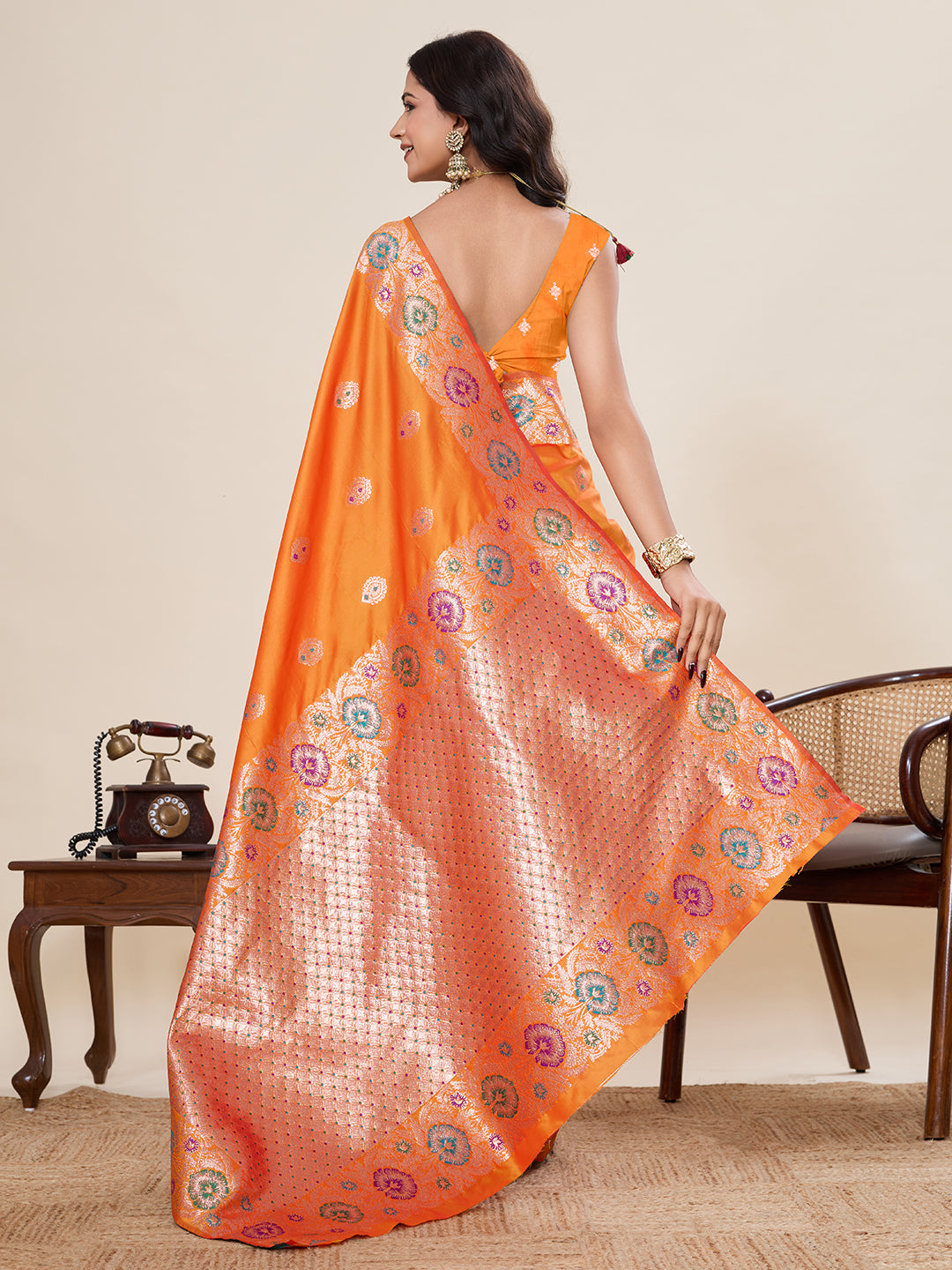 Vedant Vastram Soft Litchi Silk Banarasi Silk Jacquard Saree - Orange - Dista