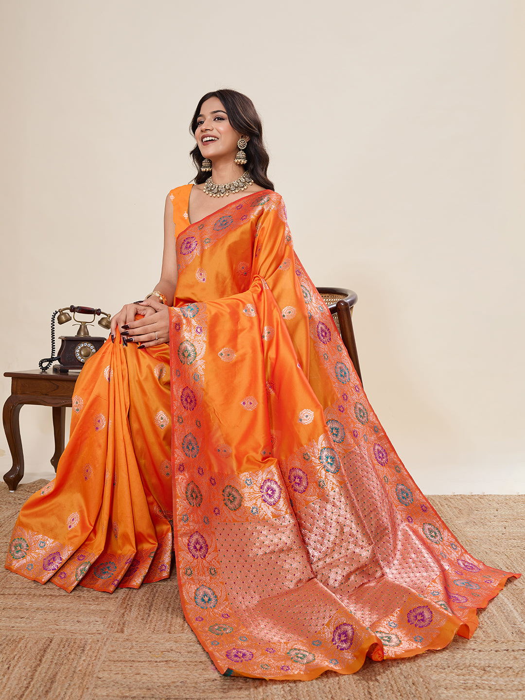 Vedant Vastram Soft Litchi Silk Banarasi Silk Jacquard Saree - Orange - Dista