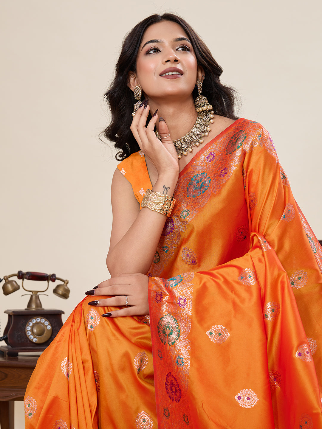 Vedant Vastram Soft Litchi Silk Banarasi Silk Jacquard Saree - Orange - Dista