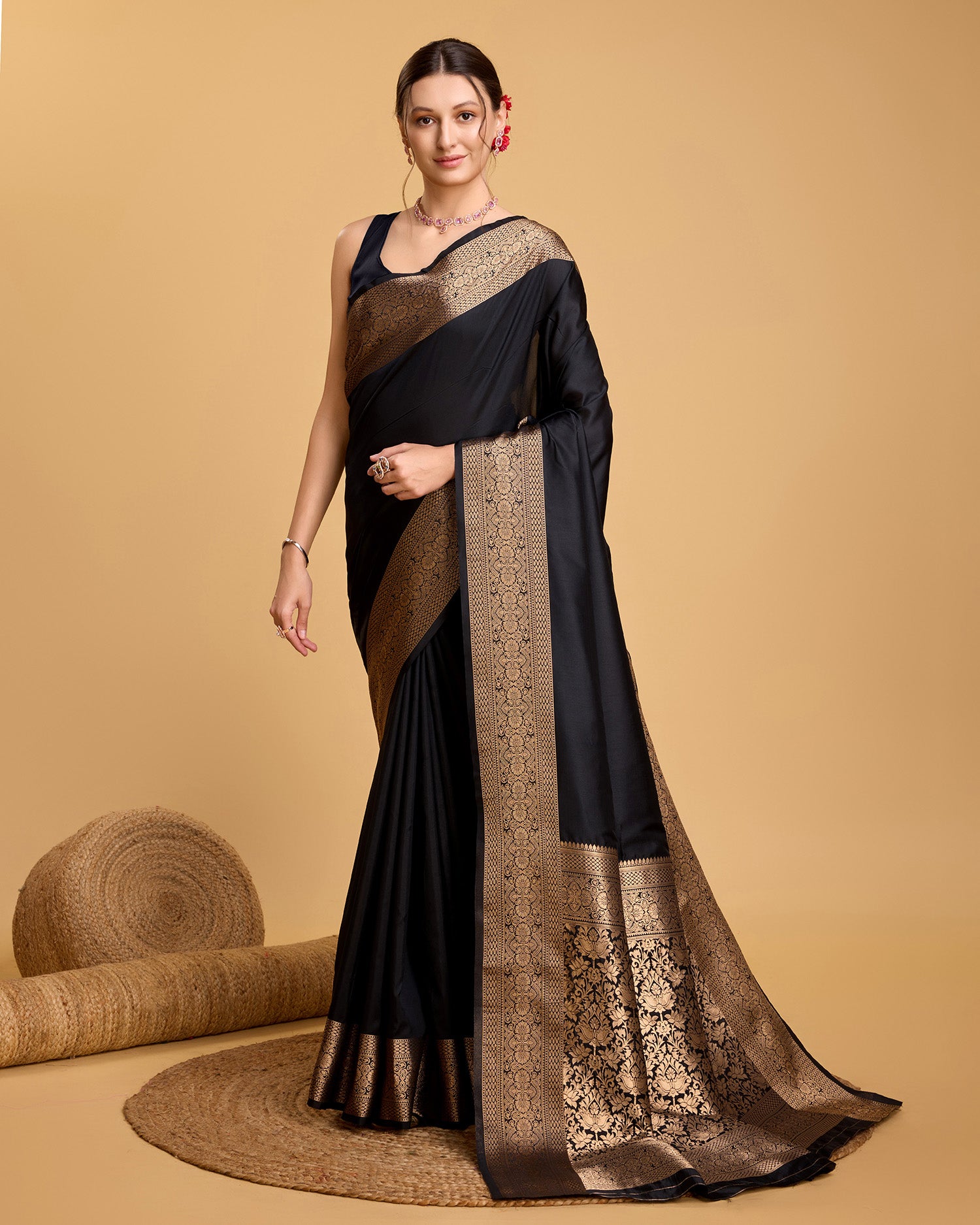 Vedant Vastram Soft Litchi Silk Banarasi Silk Saree - Black - Distacart