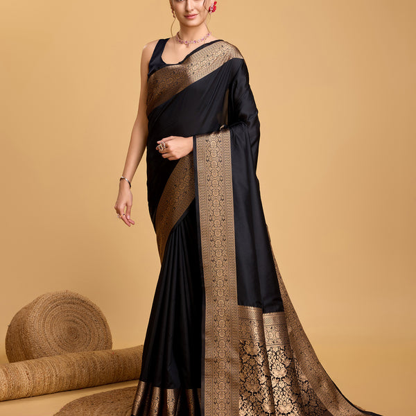 Vedant Vastram Soft Litchi Silk Banarasi Silk Saree - Black - Distacart