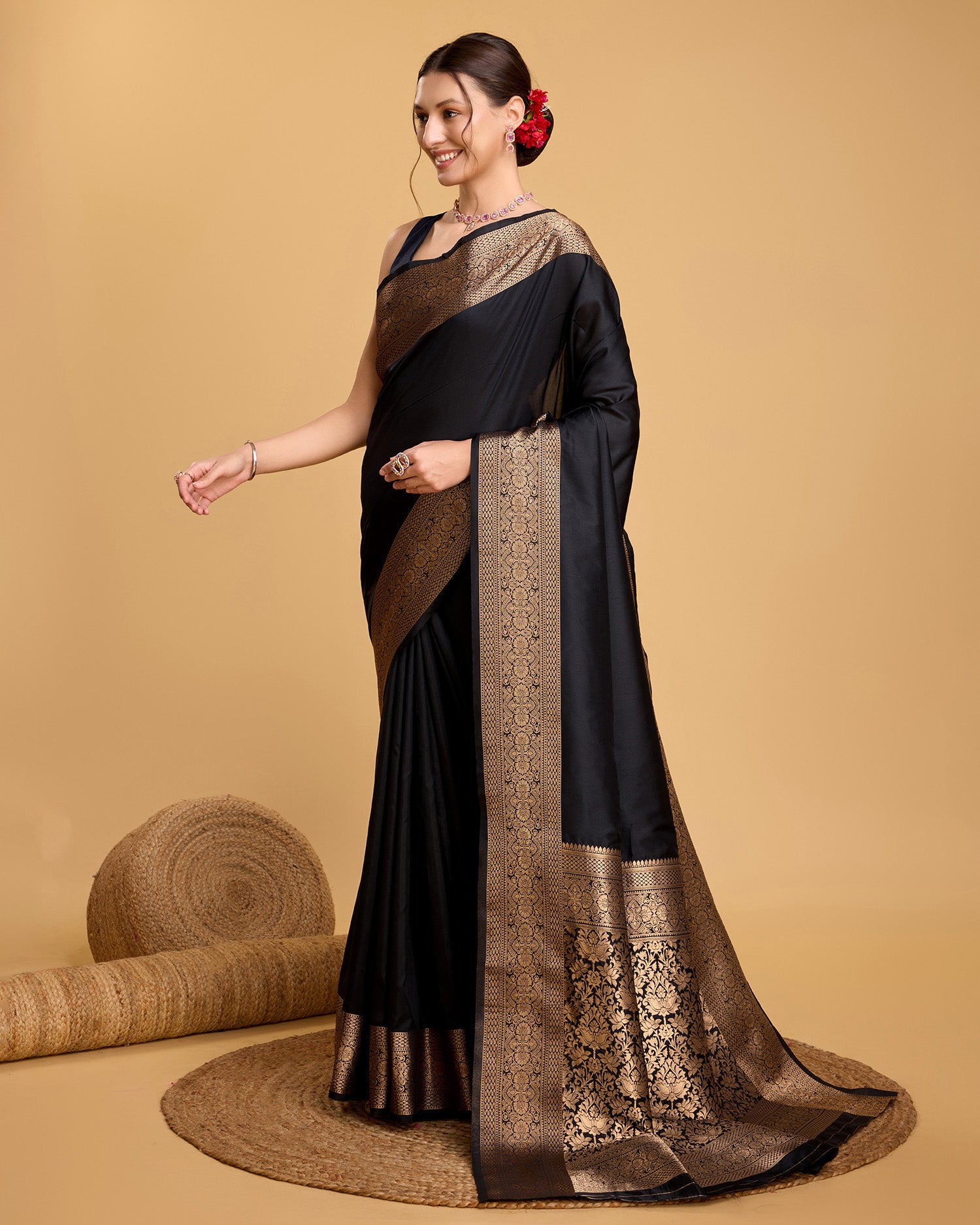 Vedant Vastram Soft Litchi Silk Banarasi Silk Saree - Black - Distacart