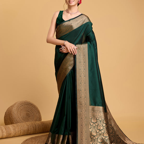 Vedant Vastram Soft Litchi Silk Banarasi Silk Saree - Green - Distacart