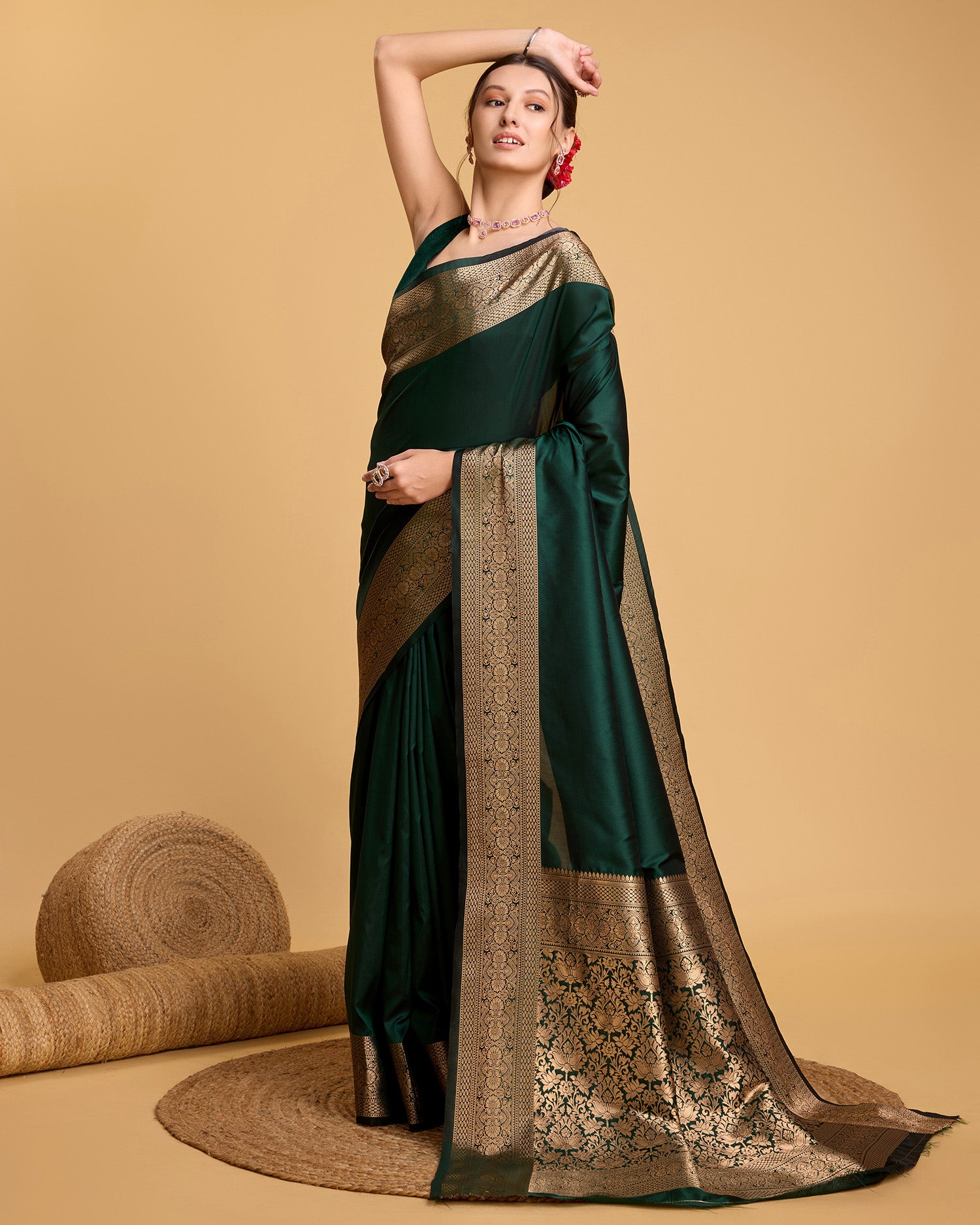 Vedant Vastram Soft Litchi Silk Banarasi Silk Saree - Green - Distacart