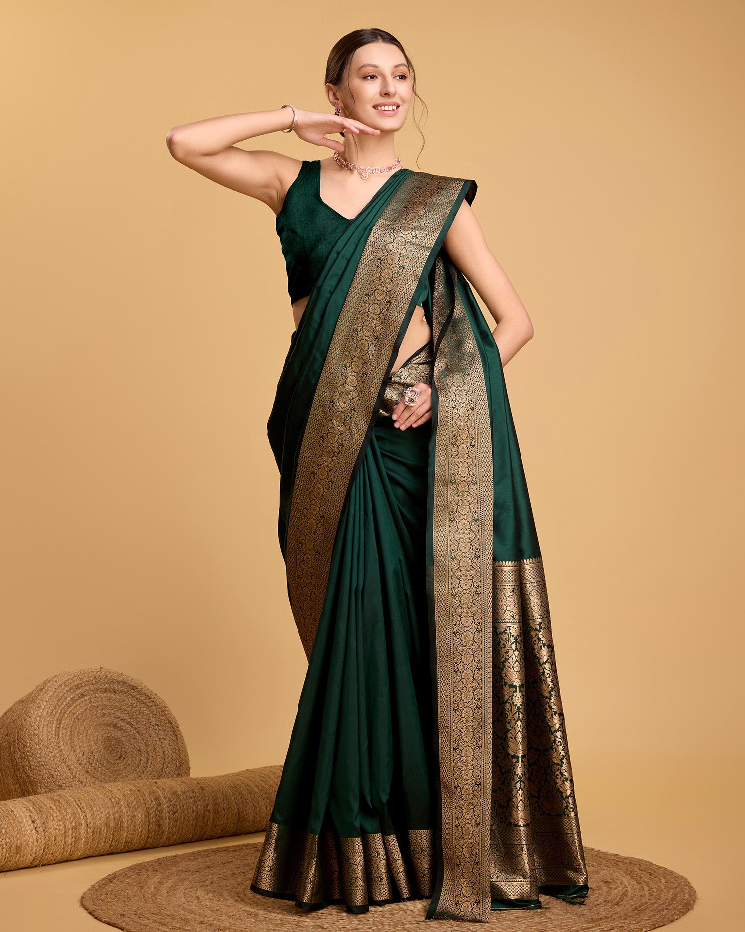 Vedant Vastram Soft Litchi Silk Banarasi Silk Saree - Green - Distacart
