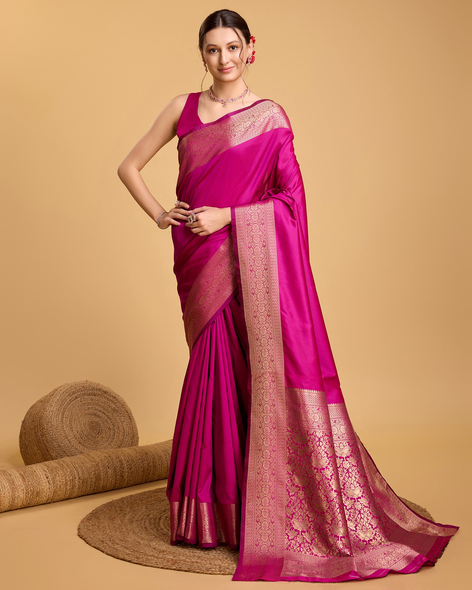 Vedant Vastram Soft Litchi Silk Banarasi Silk Saree - Magenta - Distacart