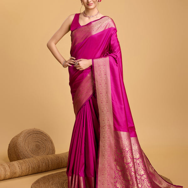 Vedant Vastram Soft Litchi Silk Banarasi Silk Saree - Magenta - Distacart