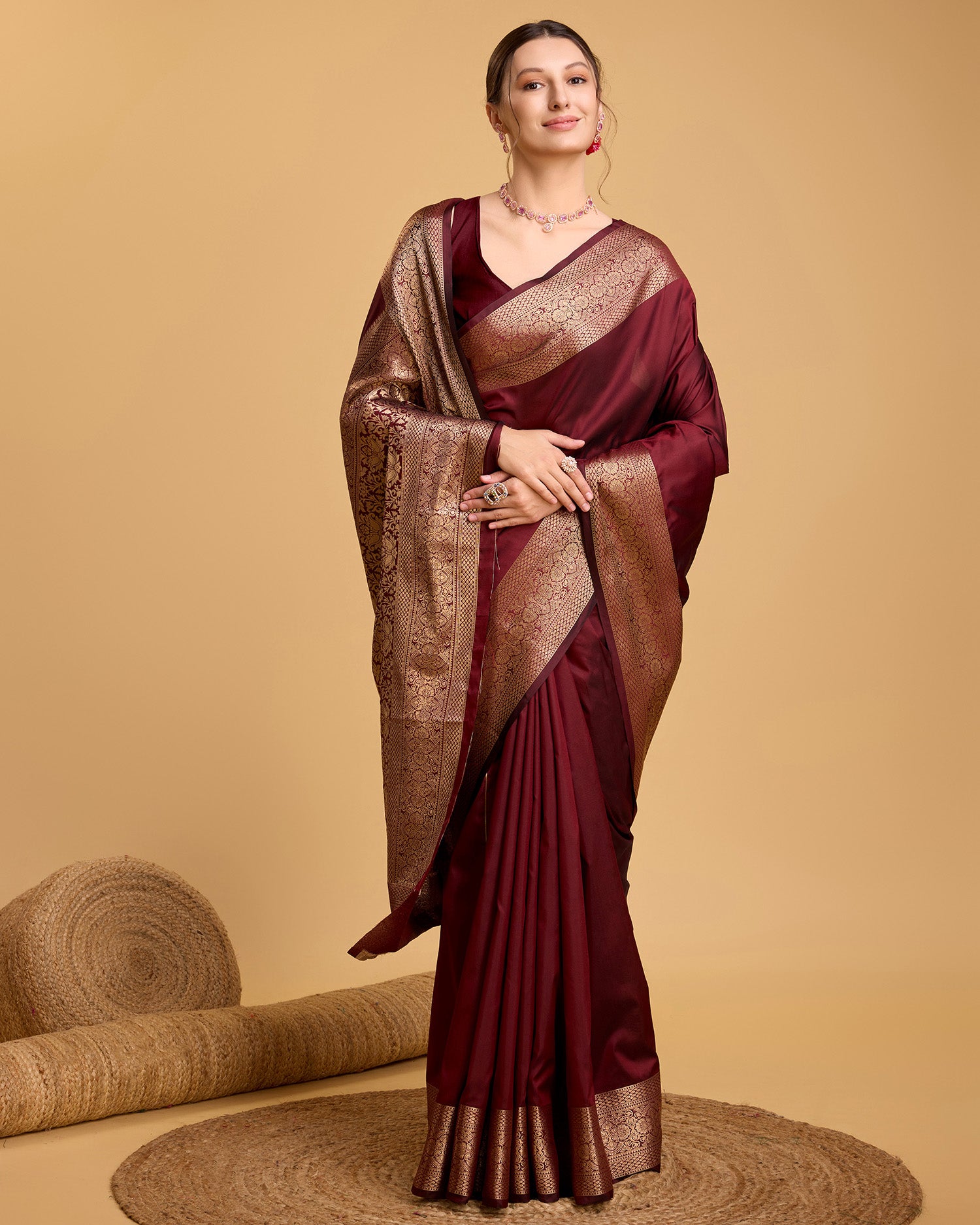 Vedant Vastram Soft Litchi Silk Banarasi Silk Saree - Maroon - Distacart