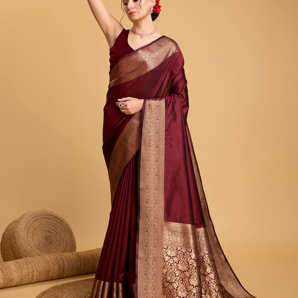 Vedant Vastram Soft Litchi Silk Banarasi Silk Saree - Maroon - Distacart