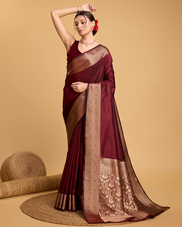 Vedant Vastram Soft Litchi Silk Banarasi Silk Saree - Maroon - Distacart