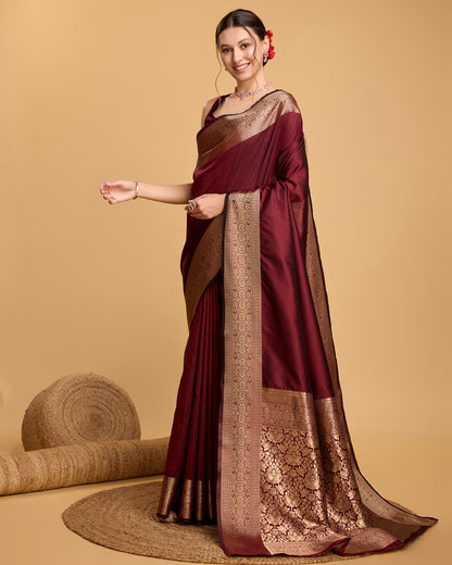 Vedant Vastram Soft Litchi Silk Banarasi Silk Saree - Maroon - Distacart